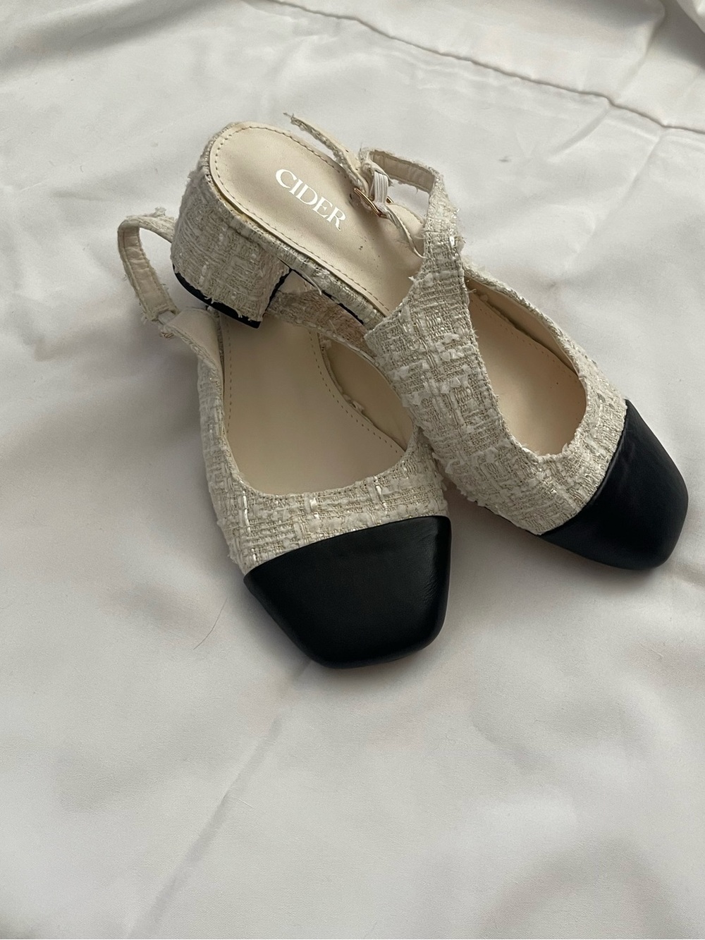 Cider Cream Tweed Slingback Mules with Black Cap Toe